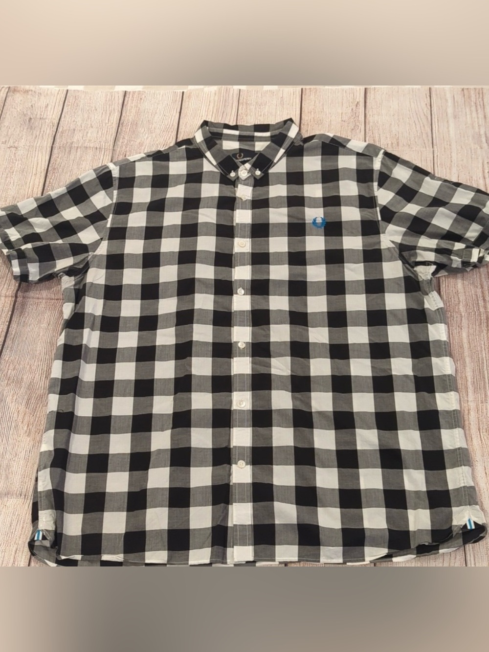 Fred Perry Black and White Gingham Short Sleeve Button Down Shirt Slim Fit XXL